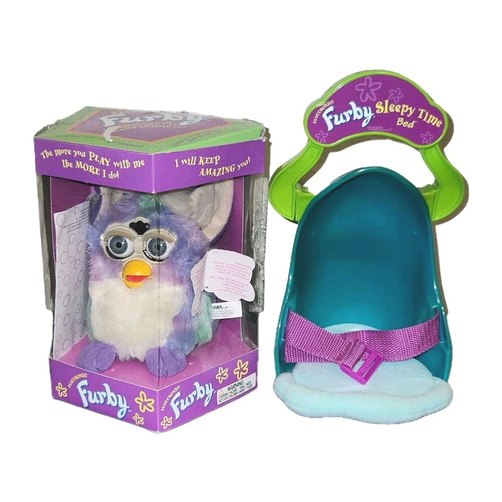 1998 Furby Purple Mint White w Box Tag Dictionary Sleepy Time Bed Working